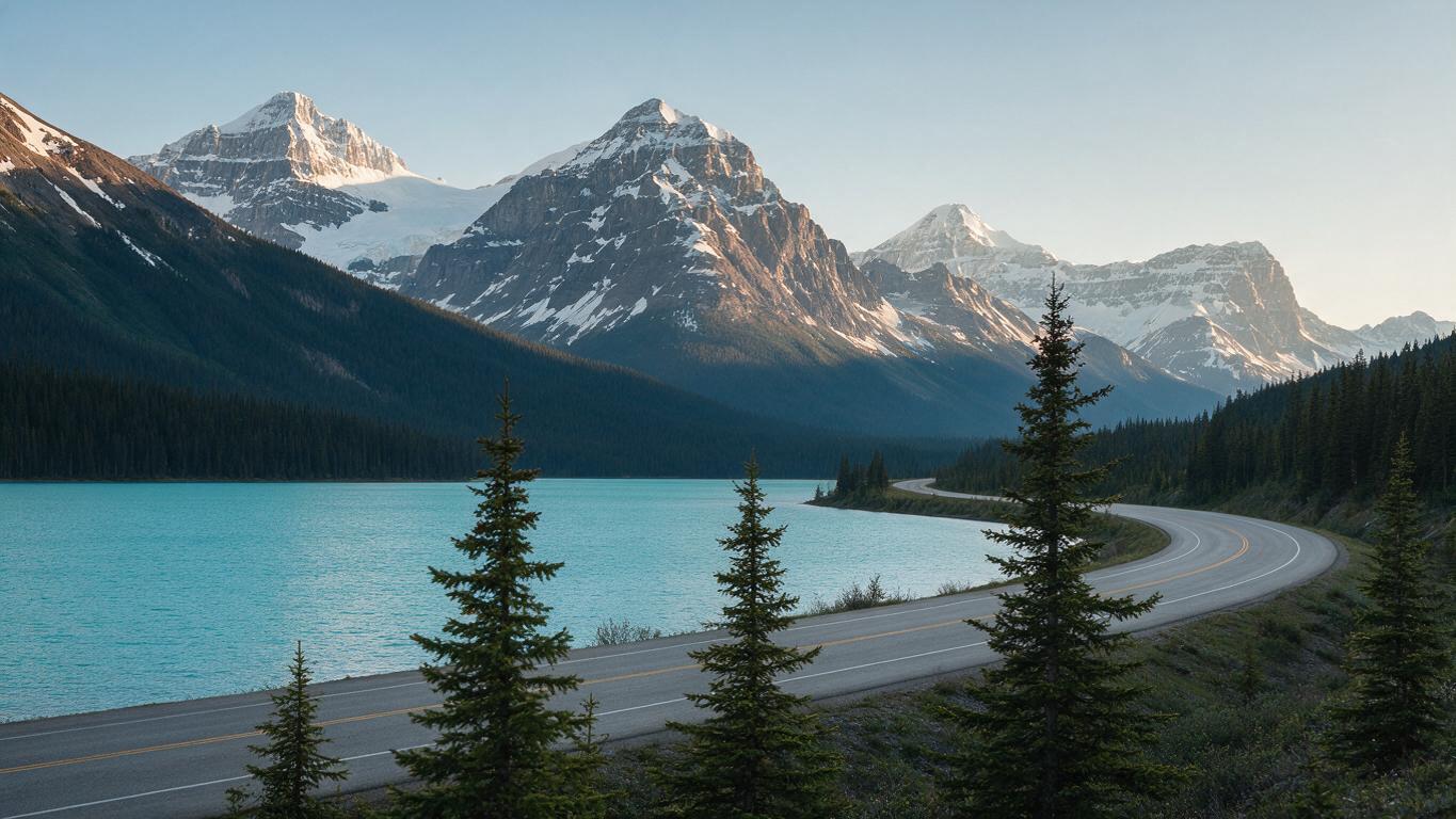 A highway curving beside a turquoise glacial lake beneath snow-capped peaks