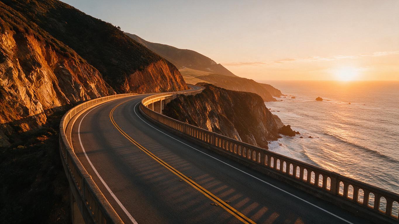 Coastal cliff highway at sunset with the Pacific below